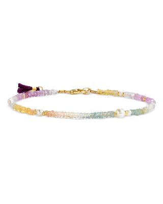 Ella Multicolor Sapphire &amp; Cultured Freshwater Pearl Beaded Flex Bracelet in 14K Gold Vermeil