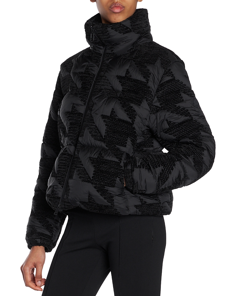 Moncler Evandra Embroidered Houndstooth Puffer Jacket In Black