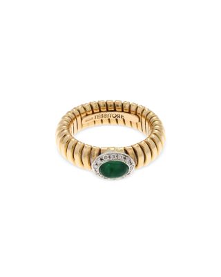 18K Yellow Gold Via Giardino Tubogas Domed Emerald Cabochon & Diamond Ring