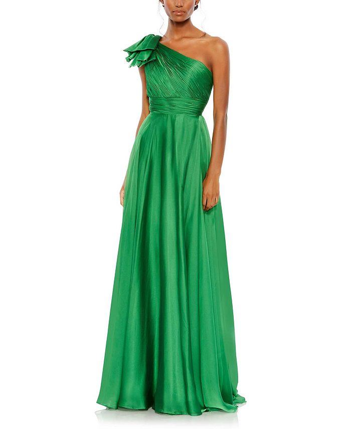 Mac Duggal Pleated One Shoulder Chiffon Gown In Emerald