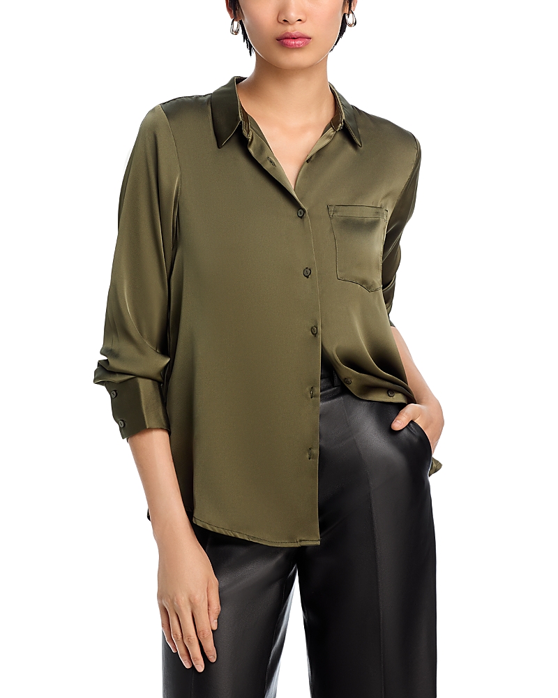 Aqua Satin Button Front Blouse - Exclusive In Olive