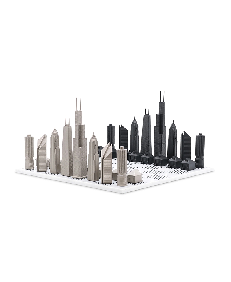 SKYLINE CHESS SET STAINLESS STEEL CHICAGO EDITION WITH MARBLE HATCH BOARD - AGES 14+