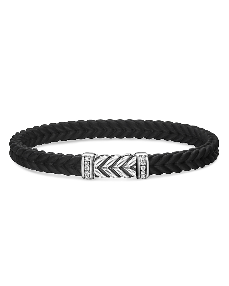 David Yurman Men's Sterling Silver Chevron Diamond Woven Black Rubber Bracelet