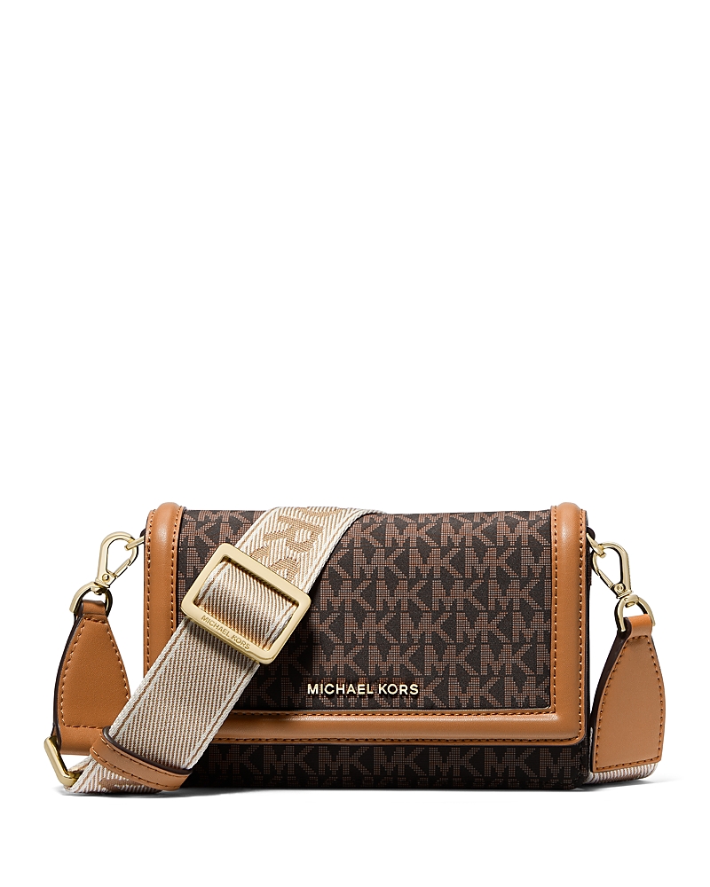 Michael Kors Jet Set Small Logo Print Woven Smartphone Crossbody Bag In Brown/acorn