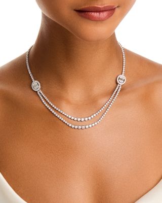 Diamond Round & Baguette Halo Mosaic Double Row Tennis Necklace in 14K White Gold, 7.50 tcw