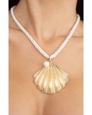 Cultured Freshwater Pearl Scalloped Shell Cord Pendant Necklace in 18K Gold Plated, 15"-20"