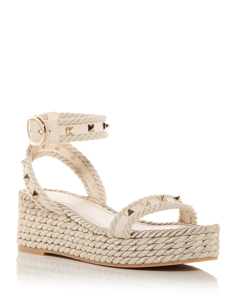 Valentino Garavani Rockstud 45 Rope & Leather Wedge Sandal In Natural/ivory/gold/platinum