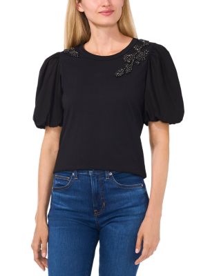 CeCe - Short Puff Sleeve Mixed Media Top