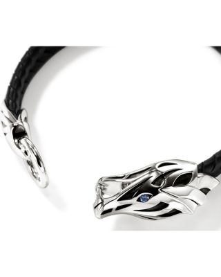 Sterling Silver Naga Blue Sapphire Snake Braided Black Leather Bracelet