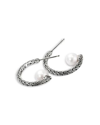 Sterling Silver JH Essentials Cultured Freshwater Pearl Carved Chain Hoop Earrings