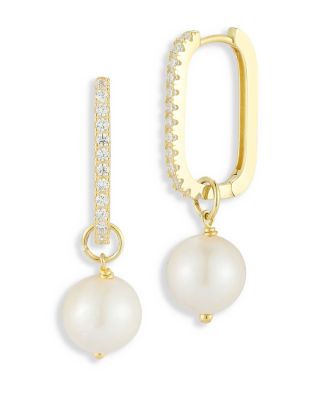 Aqua Cultured Freshwater Pearl Charm Pave Oval Hoop Earrings in 14K Gold Plated Sterling Silver - Exclusive