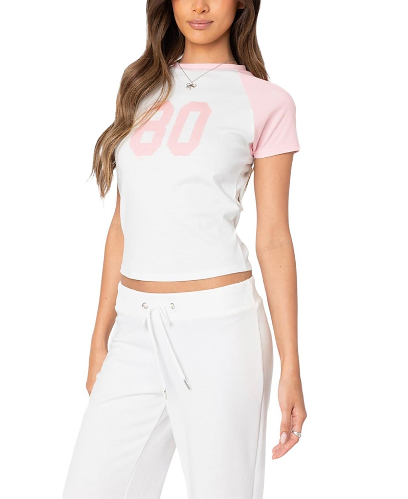 Edikted 80's Raglan Tee In White And Pink
