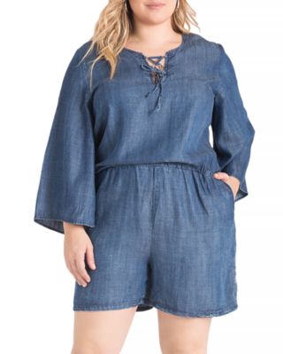 standards & practices - Plus Bell Sleeve Lace Up Denim Romper