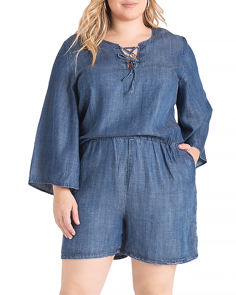 Standards & Practices Plus Bell Sleeve Lace Up Denim Romper In Navy