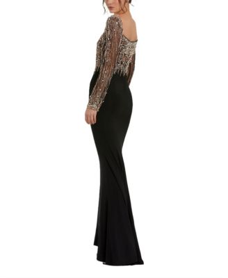 Beaded Embellished Square Neck Long Sleeve Jersey Gown