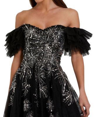 Tulle Off The Shoulder Sequin & Beaded Detail Gown