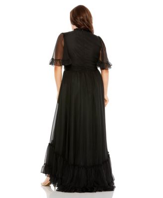  Plus High Neck Flutter Sleeve Ruffle Tiered High Low  Gown