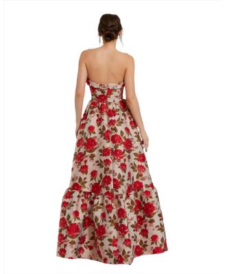 Strapless Floral Brocade Ruffle Hem Detail Gown