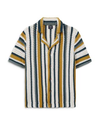 REISS - Tampa Cotton & Nylon Crochet Stripe Regular Fit Button Down Camp Shirt
