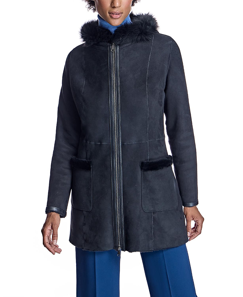 Maximilian Hooded Shearling Lamb Jacket With Zipper In Black/black