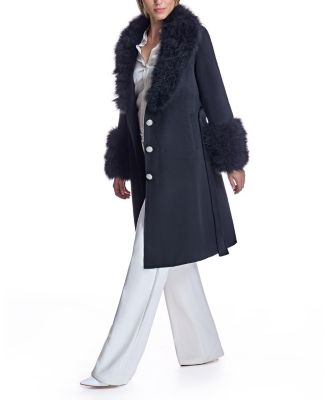 Belted Wool Coat with Rhinestone Button