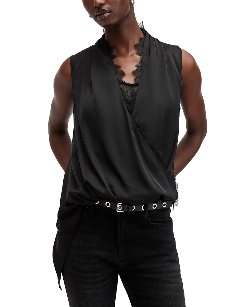 Allsaints Abi Lace Sleeveless Surplice Top In Black