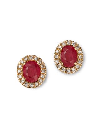 Ruby & Diamond Oval Halo Stud Earrings in 14K Yellow Gold