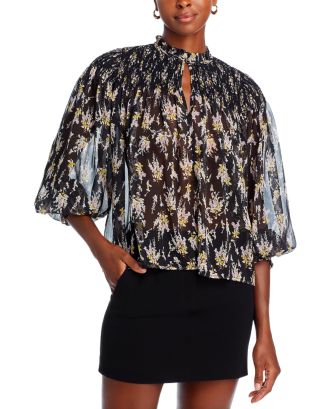 Aqua Women's Smocked Floral Print Top Blue Size Small