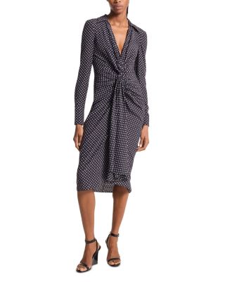 Michael Kors Collection Silk Polka Dot Gathered Midi Dress