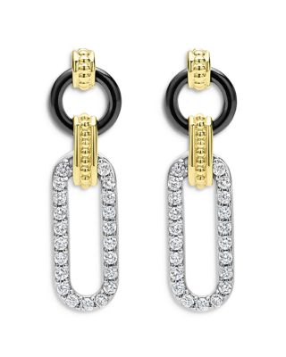 LAGOS - 18K Gold Signature Caviar Diamond & Black Ceramic Link Drop Earrings