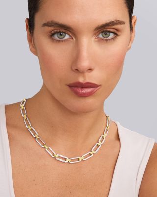 18K Yellow Gold & Sterling Silver Signature Caviar Diamond Trio Station Link Collar Necklace, 18"