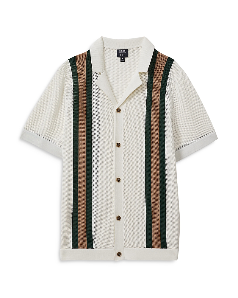 Reiss Danube Wide Stripe Button Front Camp Shirt In White/dark Green