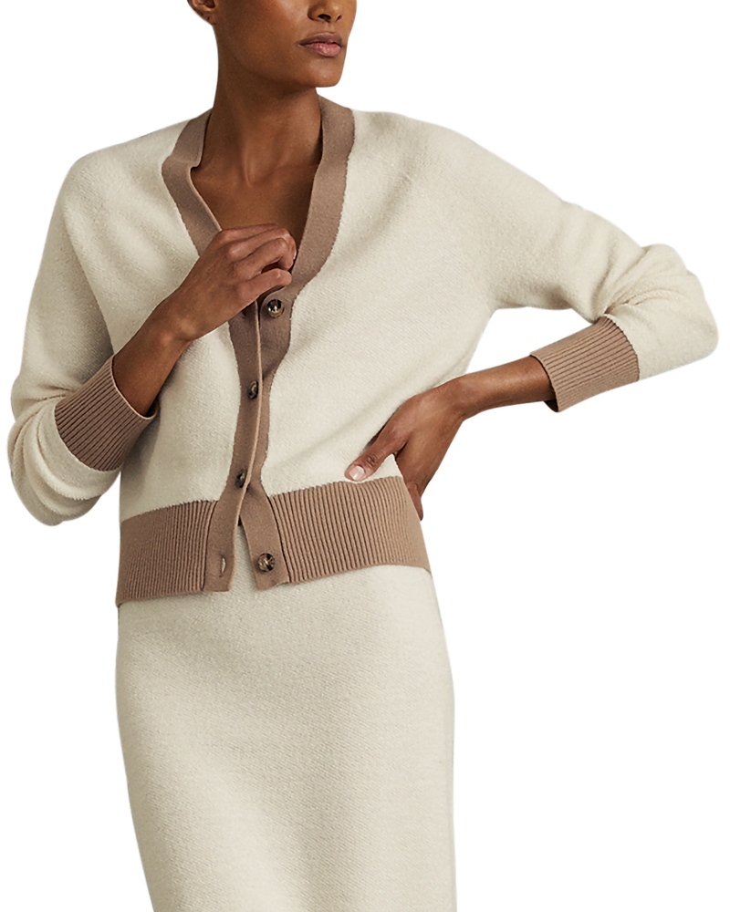 Shop Reiss Brie Color Blocked Cardigan In Cream/camel
