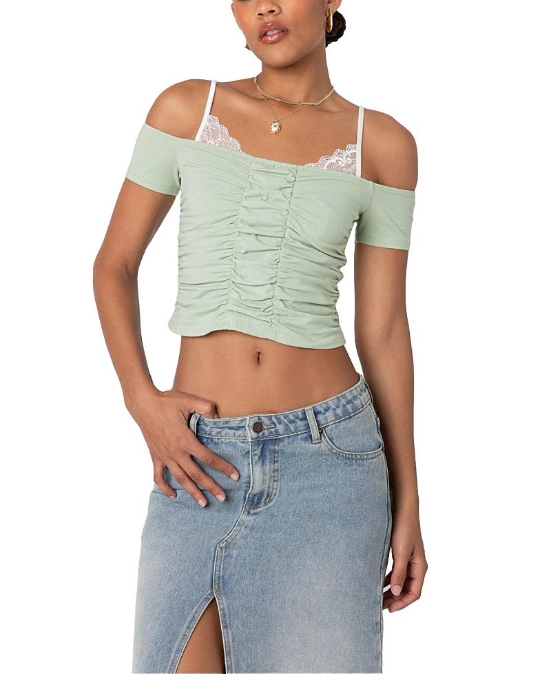 EDIKTED PEEKING LACE RUCHED TOP