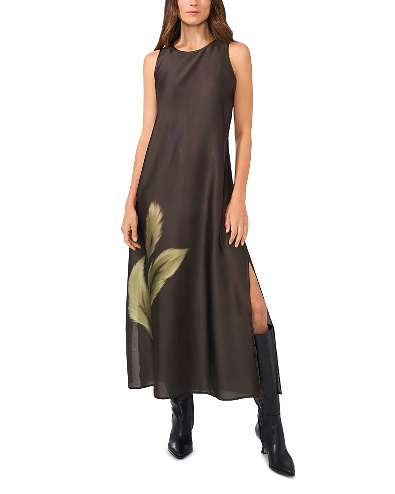 Vince Camuto Placed Print Sleeveless Matte Satin Dress In Military Gray