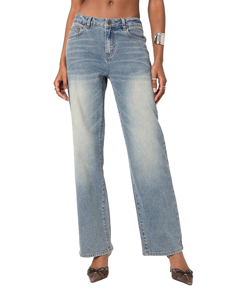 Shop Edikted Amia High Rise Straight Leg Jeans In Blue Washed