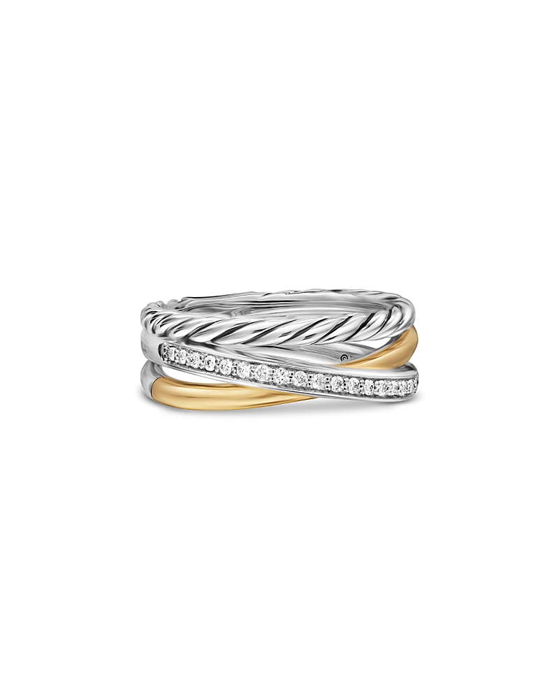 David Yurman Crossover Three Row Ring in Sterling Silver with 18K Yellow Gold and Diamonds, 7mm