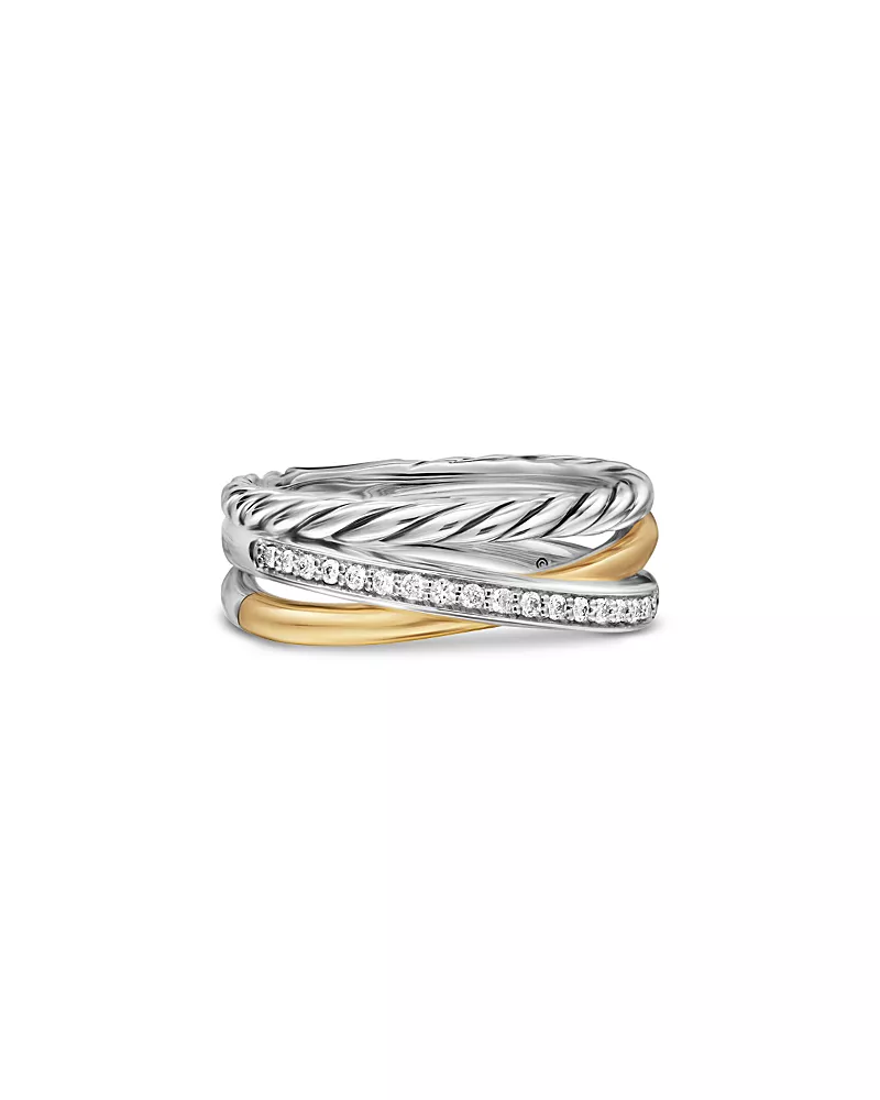 David Yurman Crossover Three Row Ring in Sterling Silver with 18K Yellow Gold and Diamonds, 7mm