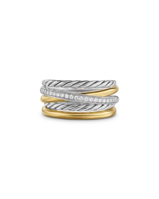 Crossover Five Row Ring in Sterling Silver with 18K Yellow Gold and Diamonds, 11mm