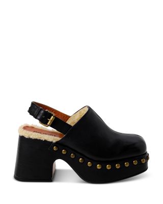 Women's Autumn Square Toe Studded & Faux Fur Trim High Heel Platform Clogs