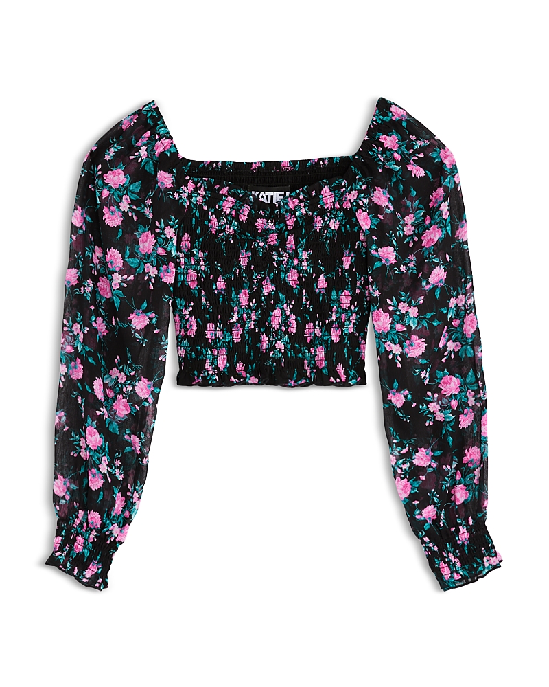 Katiejnyc Girls' Chloe Sheer Sleeve Top - Big Kid In Black/floral Pink