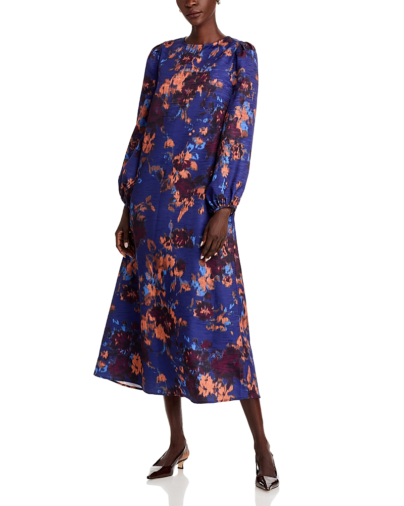 Misook Long Sleeve Woven Maxi Dress In Stary Night Blue/multi