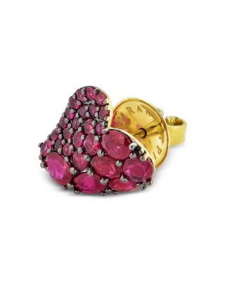 18K Yellow Gold Small Wave Heart Earrings with Rubies