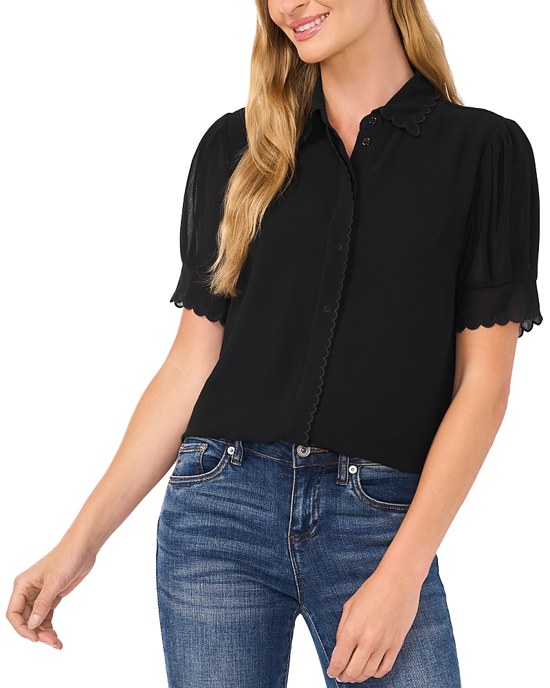 Cece Scallop Trim Button-up Shirt In Rich Black