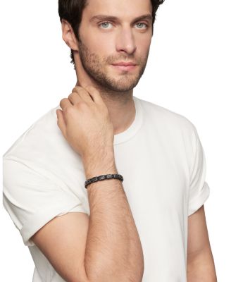 Men's Sculpted Cable Woven Tile Bracelet in Black Titanium with Sterling Silver and Black Nylon, 8.5mm