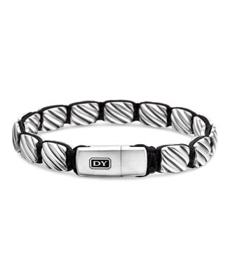 Men's Sculpted Cable Woven Tile Bracelet with Sterling Silver and Black Nylon, 8.5mm