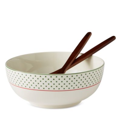 Christmas Tree Polka Dot 10" Serving Bowl & Wooden Servers