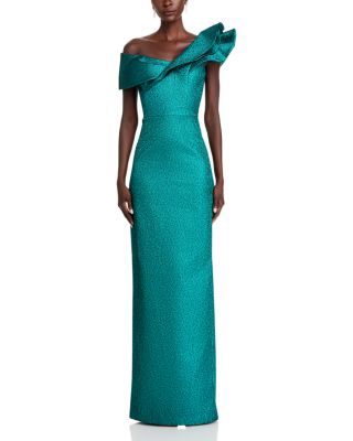 Metallic Jacquard Asymmetrical Ruffle Gown