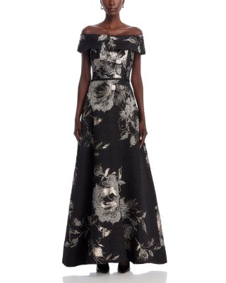 Off-the-Shoulder Metallic Floral Jacquard Gown