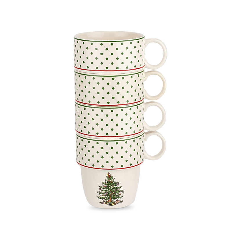 Spode Christmas Tree Polka Dot Stackable Mugs, Set Of 4 In Green